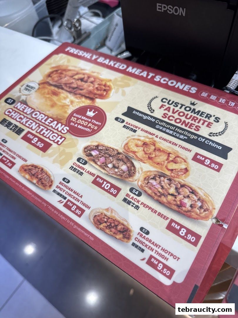 A menu showcasing various freshly baked meat scones with prices and descriptions.