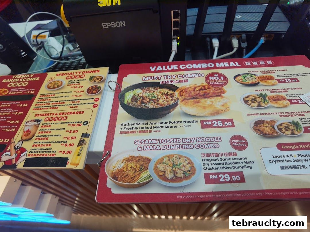 A menu featuring value combo meals, specialty dishes, and desserts with prices.