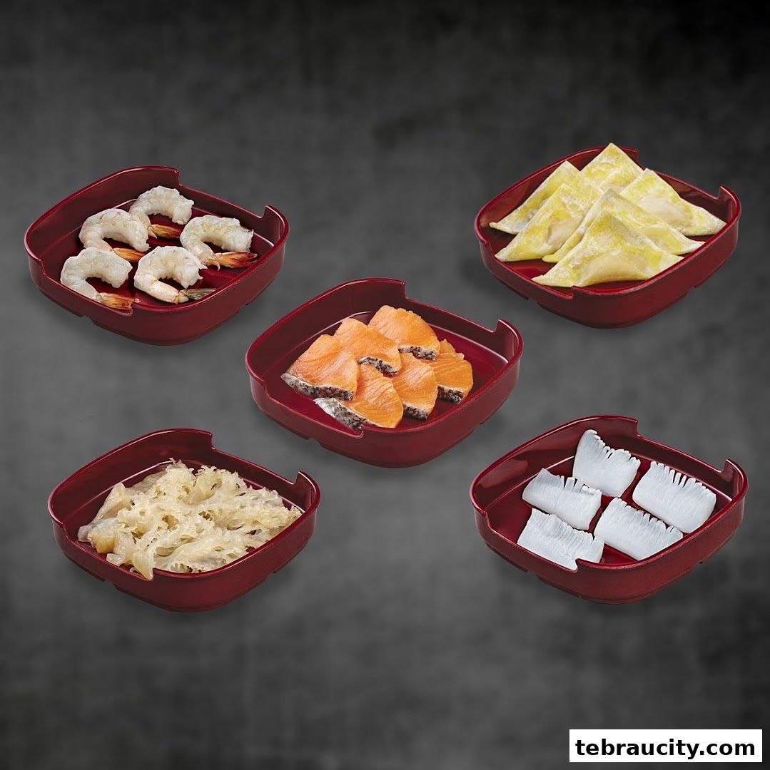 Five red square plates filled with various fresh ingredients like shrimp, salmon, and wontons.