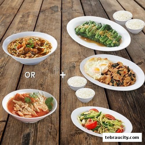 A spread of delicious Asian dishes including noodle soup, stir-fries, and rice.