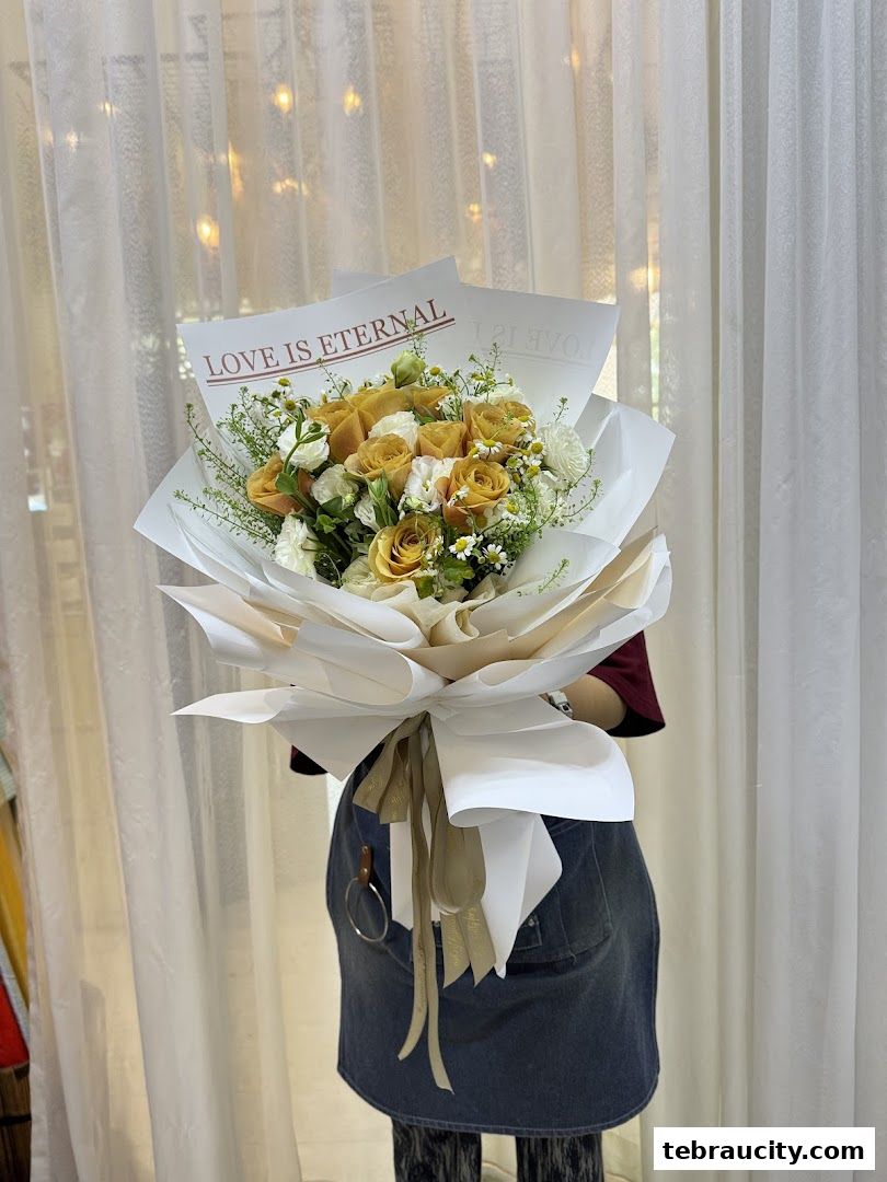 A person holds a large bouquet of yellow and white roses with greenery.