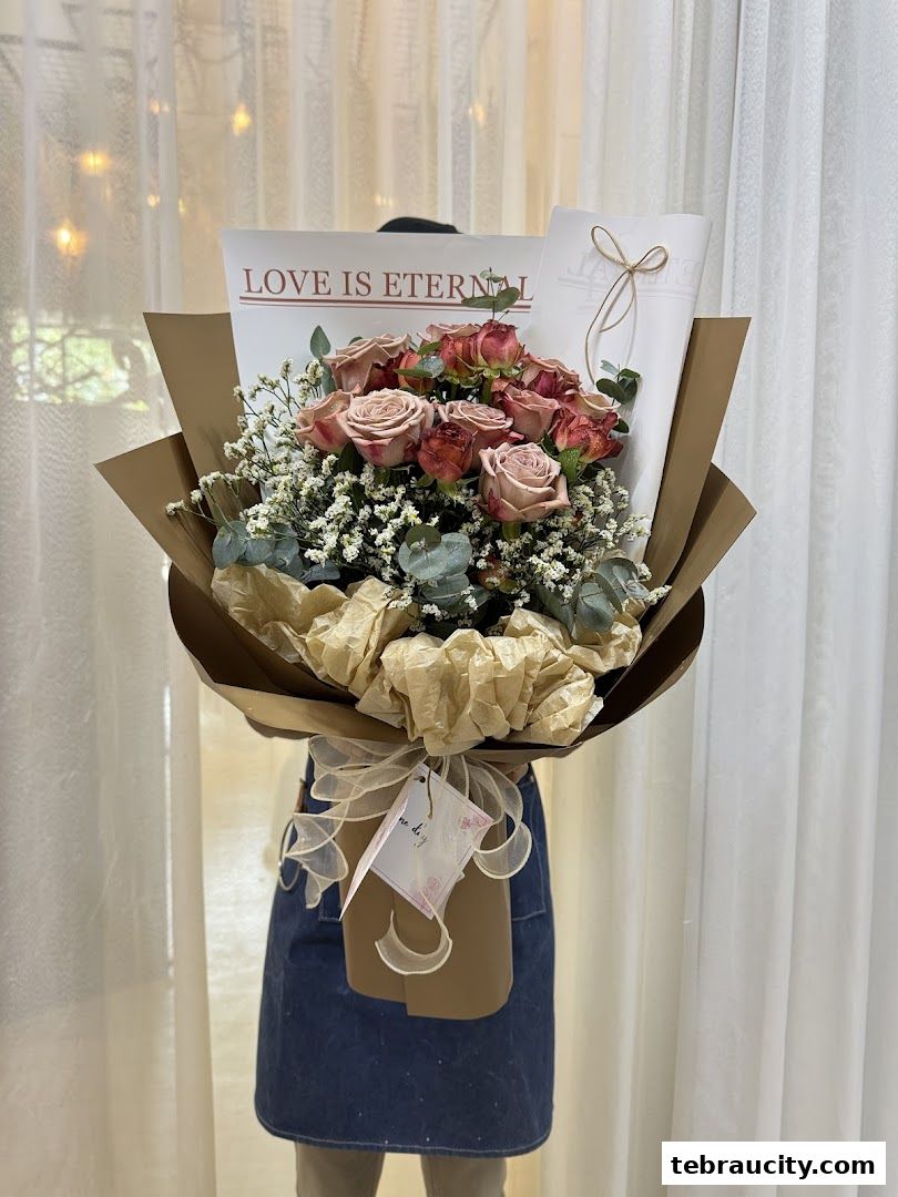 A person holds a large bouquet of dusty rose and pink roses with baby's breath and eucalyptus.