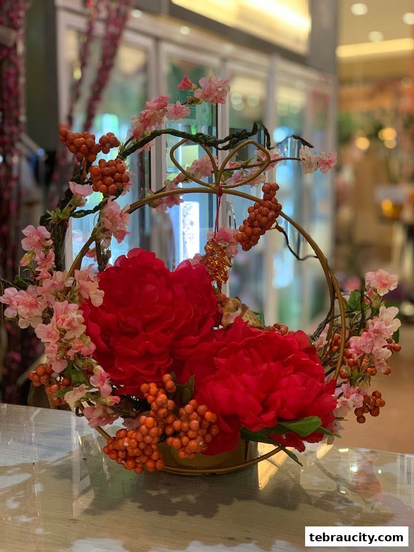 A decorative floral arrangement with red peonies, cherry blossoms, and berries in a golden hoop.
