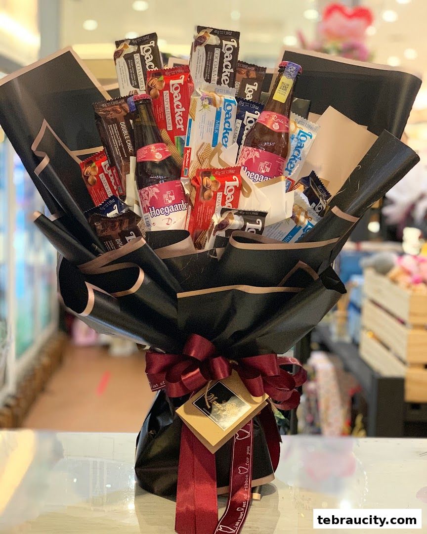 A bouquet filled with chocolates, wafers, and bottles of Hoegaarden beer, wrapped in black paper.