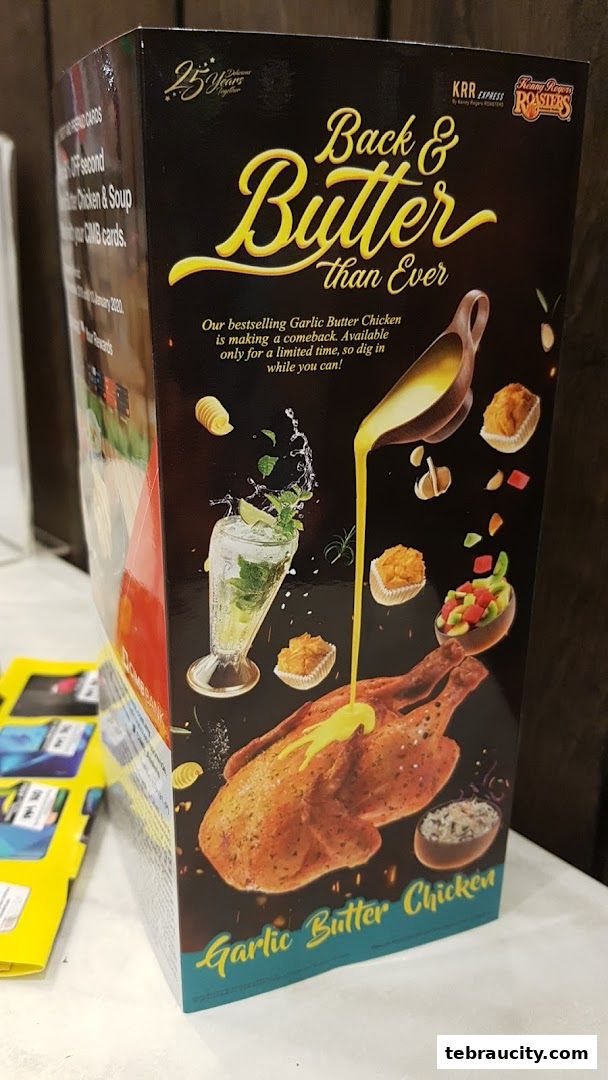 A promotional box for Kenny Rogers Roasters' Garlic Butter Chicken.