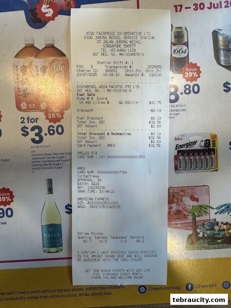 A receipt from Esso Jurong Kechil Service Station detailing a fuel purchase and Smiles Points.
