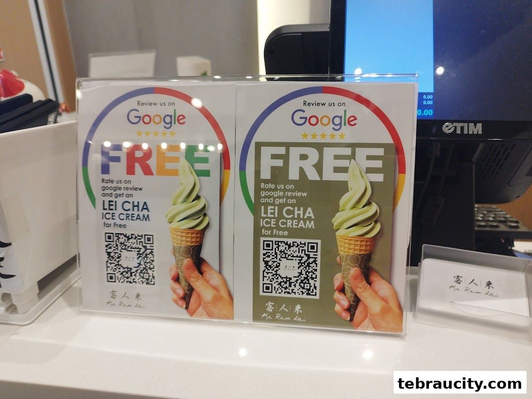 A sign offering free Lei Cha ice cream for a Google review at KeRenLai.