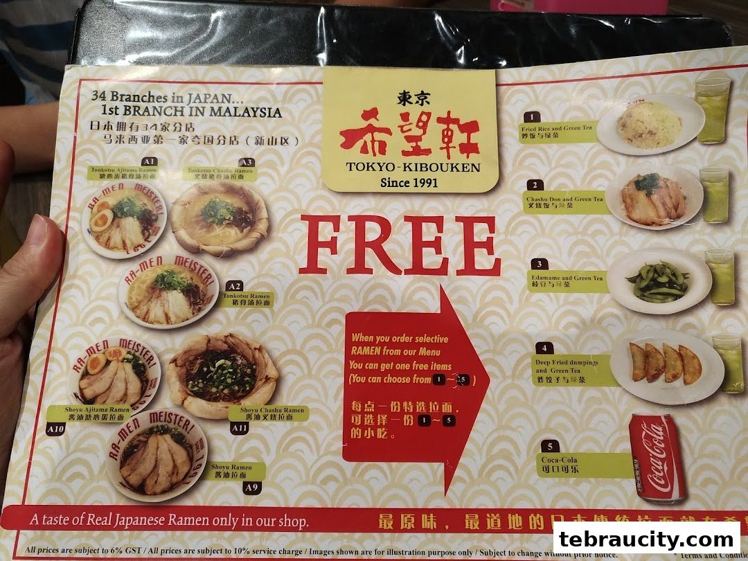 A menu from Kibou-ken featuring various ramen dishes and free item offers.