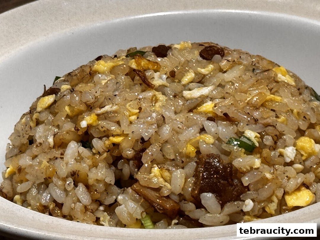 A close-up shot of a bowl of delicious fried rice with scrambled eggs and green onions.