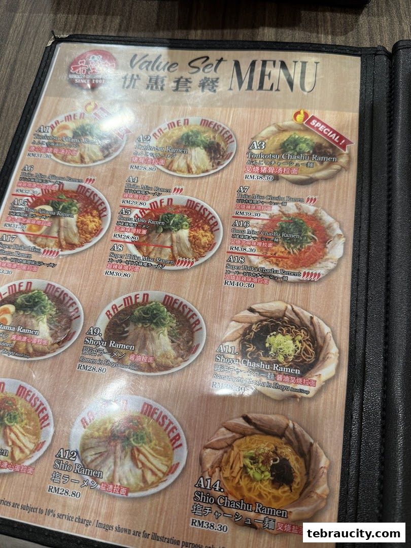 A menu featuring various ramen dishes with prices and descriptions.