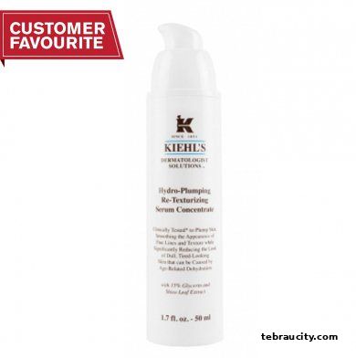 A bottle of Kiehl's Hydro-Plumping Re-Texturizing Serum Concentrate, labeled as a customer favorite.