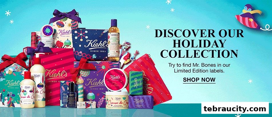 Kiehl's holiday collection featuring skincare products and gift sets with festive packaging.