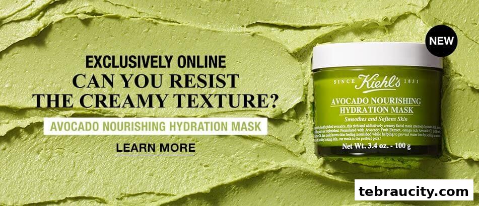 Kiehl's Avocado Nourishing Hydration Mask with creamy texture and 'NEW' tag.