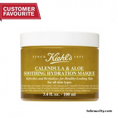 A jar of Kiehl's Calendula & Aloe Soothing Hydration Masque, labeled as a customer favorite.