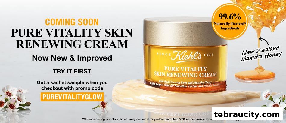 Kiehl's Pure Vitality Skin Renewing Cream with Manuka Honey, featuring a 'Coming Soon' announcement.