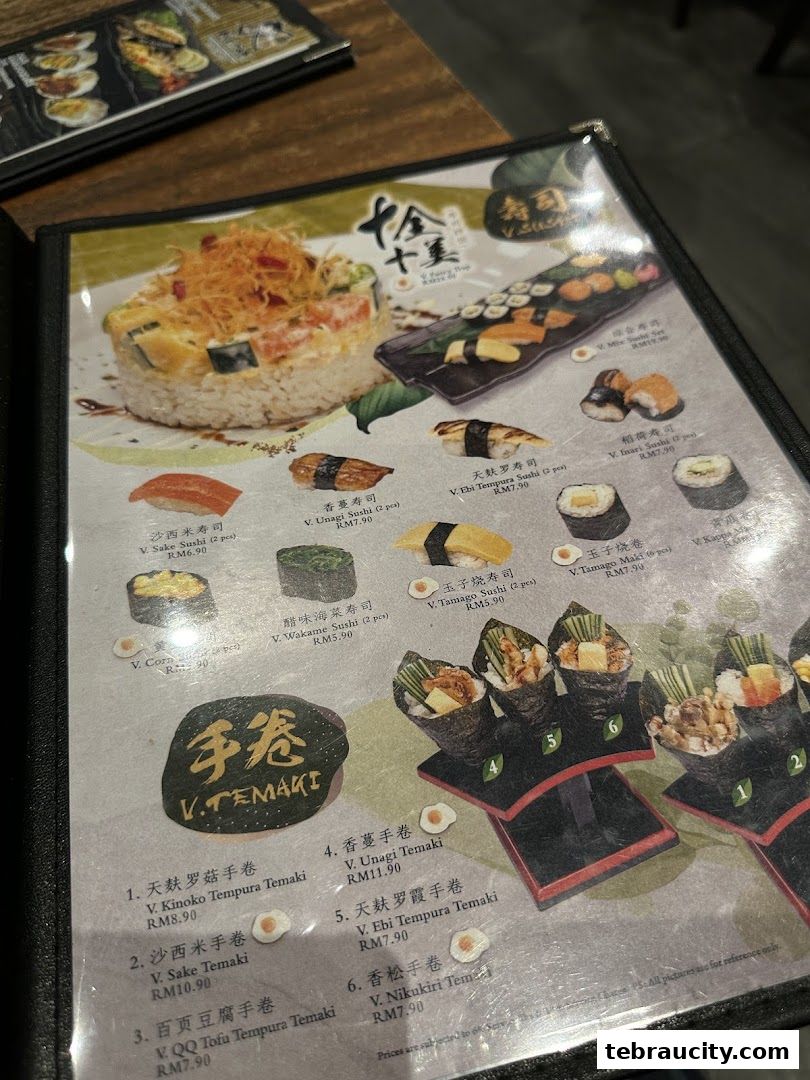 A menu from Kinsahi Japanese Restaurant featuring various sushi and temaki dishes with prices.