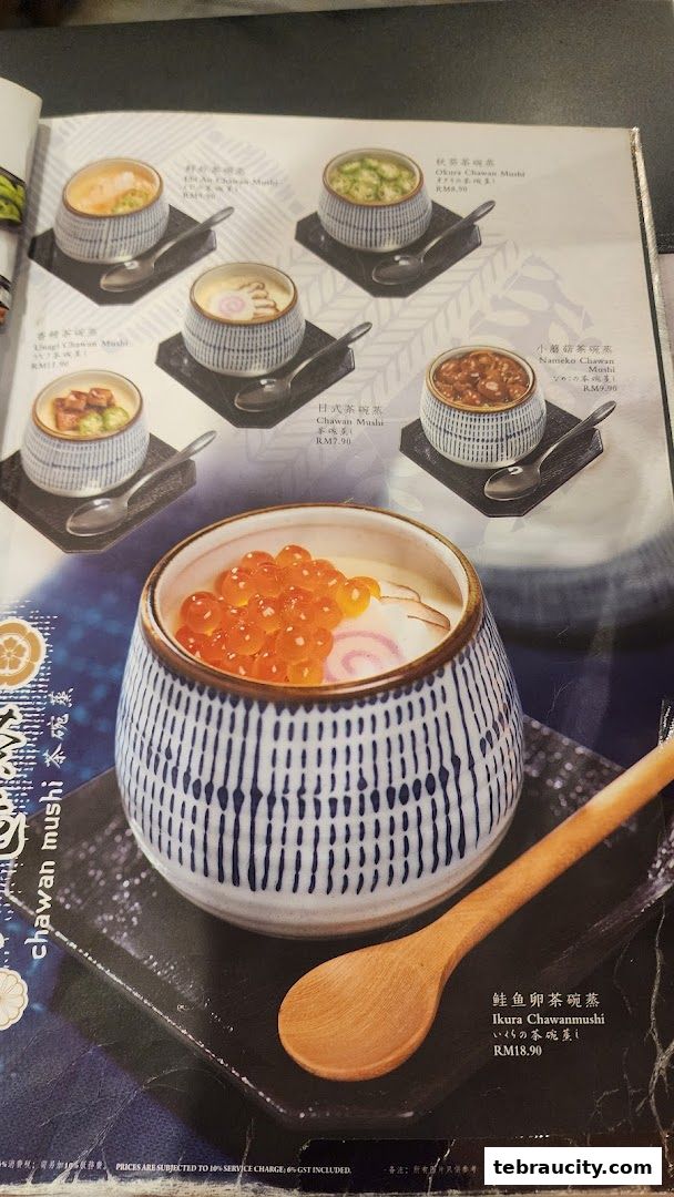 A menu page showcasing various Chawanmushi dishes with prices and descriptions.