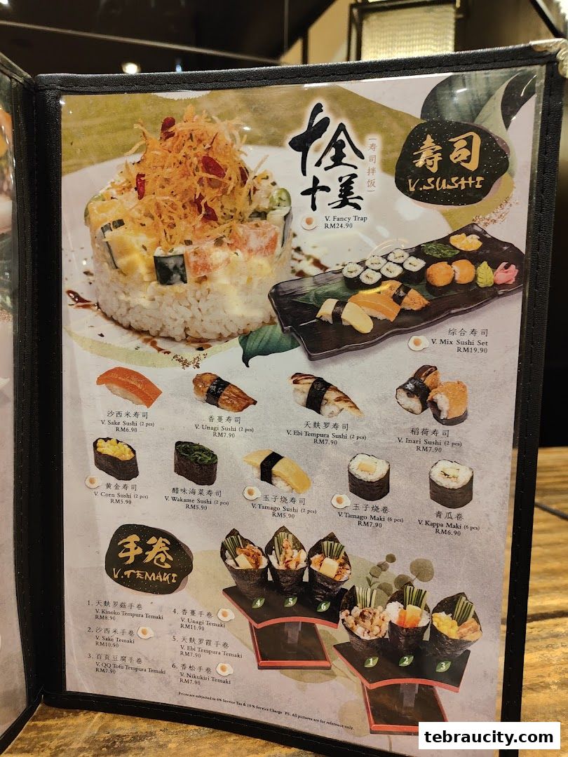 A menu from Kinsahi Japanese Restaurant showcasing various sushi and temaki dishes with prices.