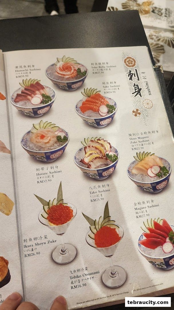 A menu page showcasing various types of sashimi and seafood dishes with prices.