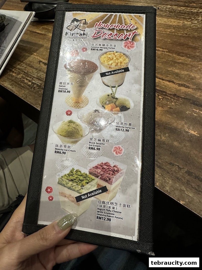 A menu showcasing various homemade desserts from Kinsahi Japanese Restaurant.