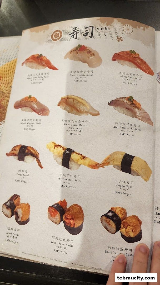 A menu page showcasing various types of sushi with accompanying images and prices.