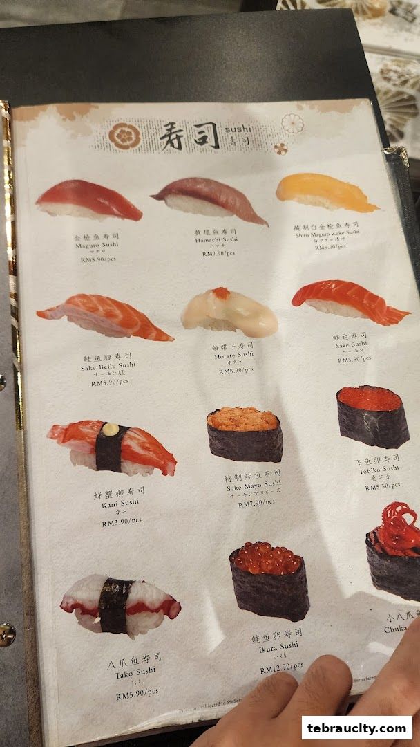 A menu page showcasing various types of sushi with their names and prices.