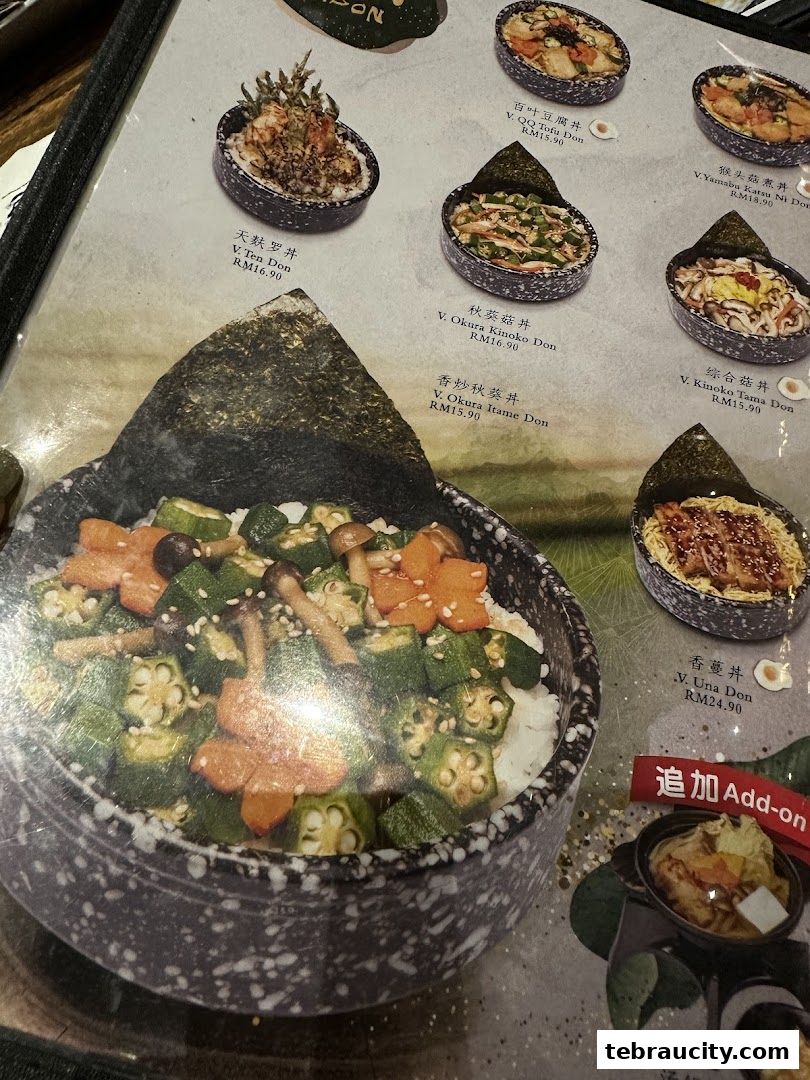 A close-up of a Japanese restaurant menu featuring various donburi dishes with fresh ingredients.