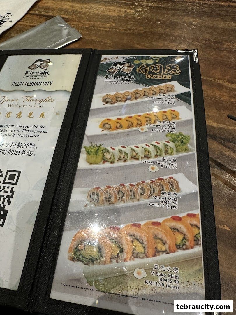 A menu from Kinsahi Japanese Restaurant showcasing various sushi rolls with prices.