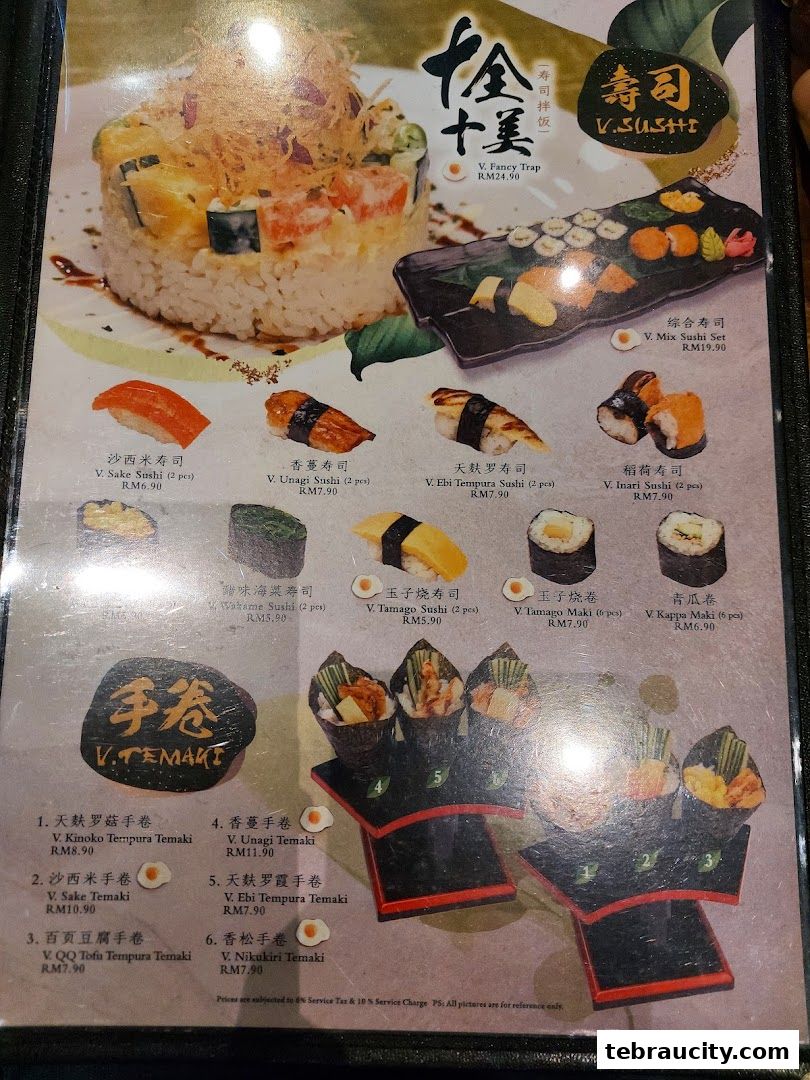 A menu page showcasing various sushi and temaki dishes with prices and descriptions.