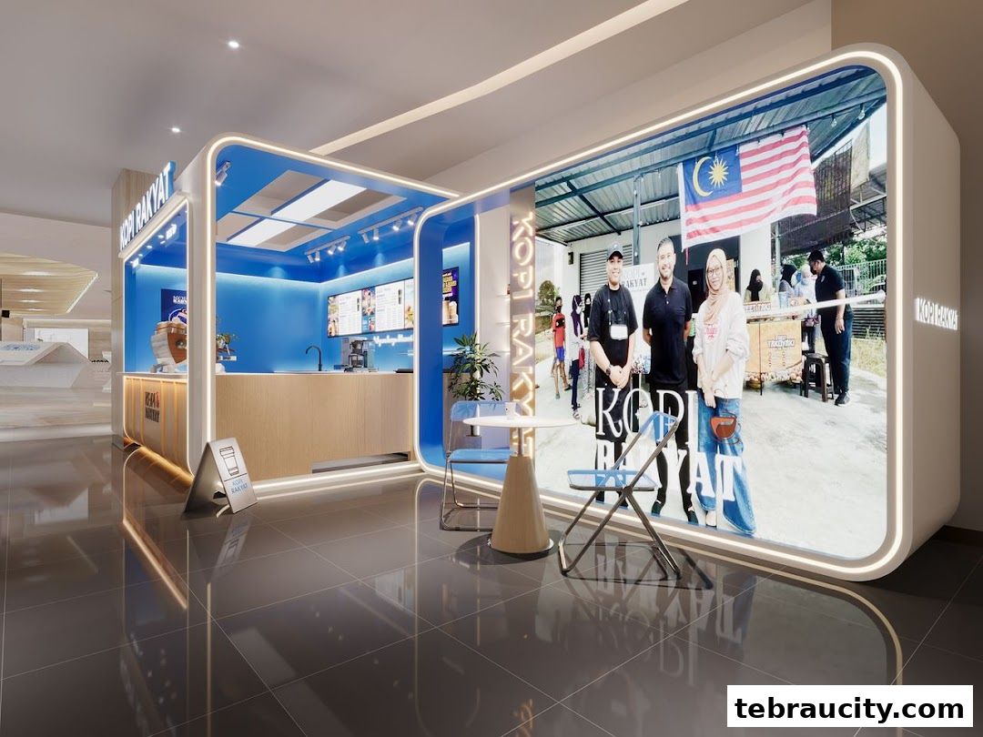 A modern Kopi Rakyat coffee kiosk with a large digital display showcasing staff and the Malaysian flag.