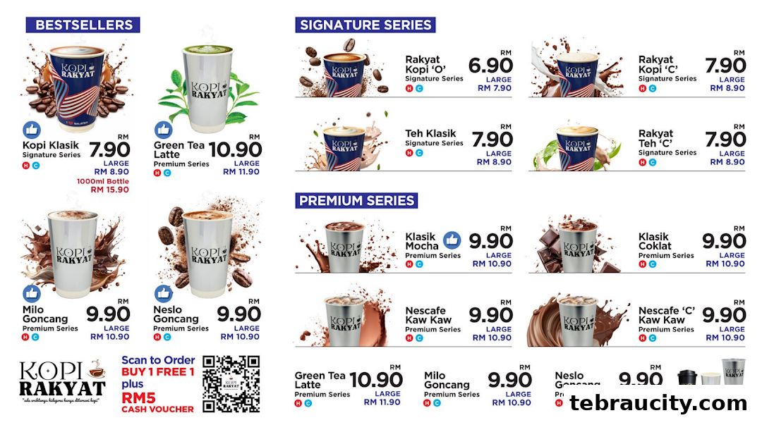 A menu showcasing various coffee and tea beverages from Kopi Rakyat, categorized into Bestsellers, Signature Series, and Premium Series.