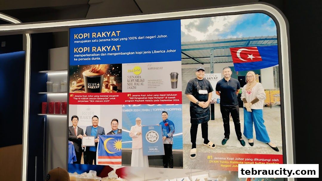 A digital display showcasing Kopi Rakyat, its achievements, and people associated with the brand.