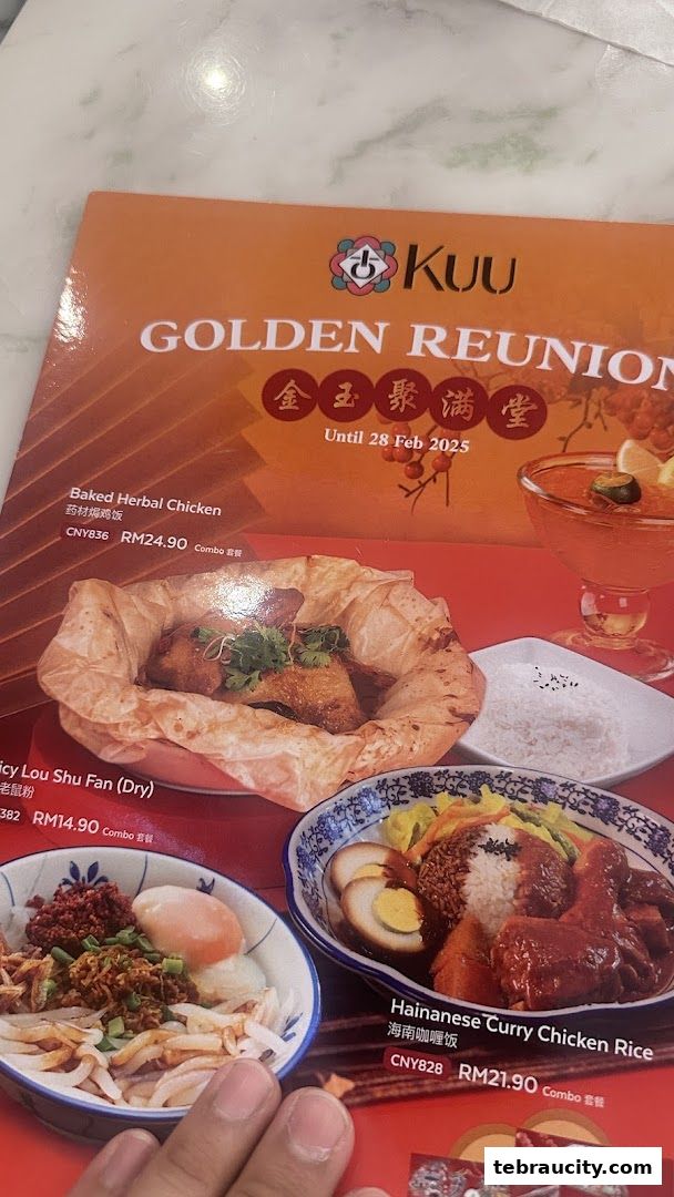 A menu featuring delicious dishes like Baked Herbal Chicken and Hainanese Curry Chicken Rice.