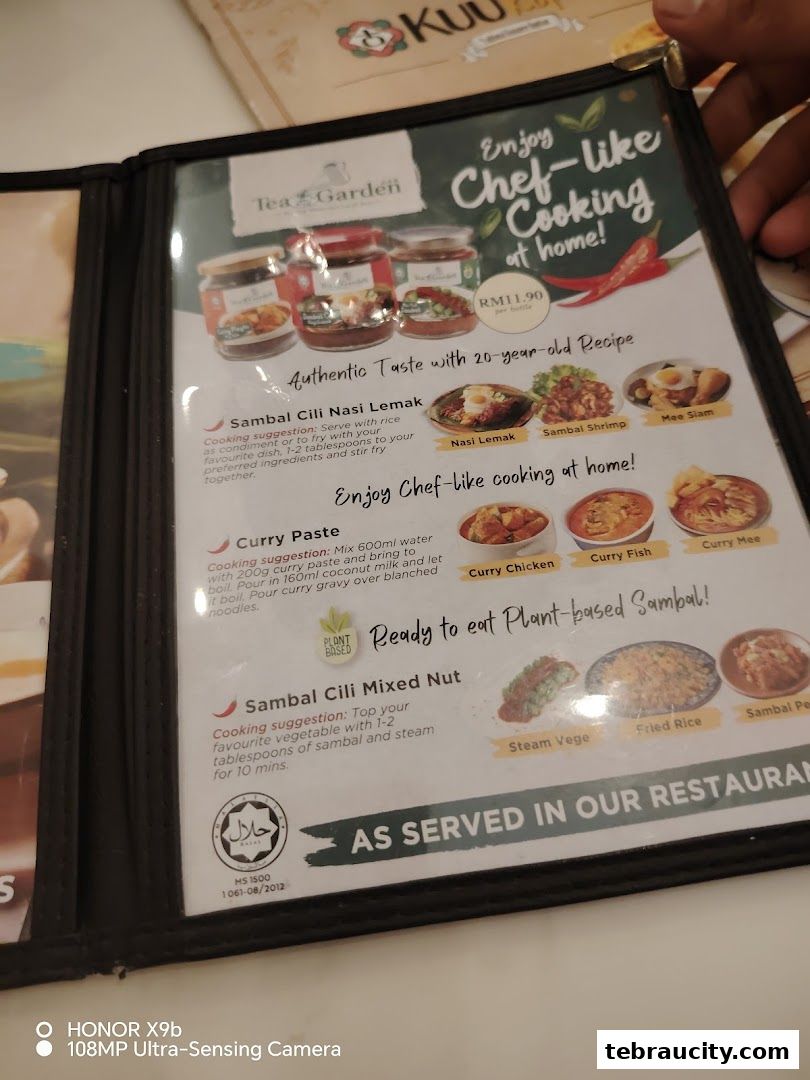 A menu from Kuu By Tea Garden featuring Sambal Cili Nasi Lemak and other dishes.