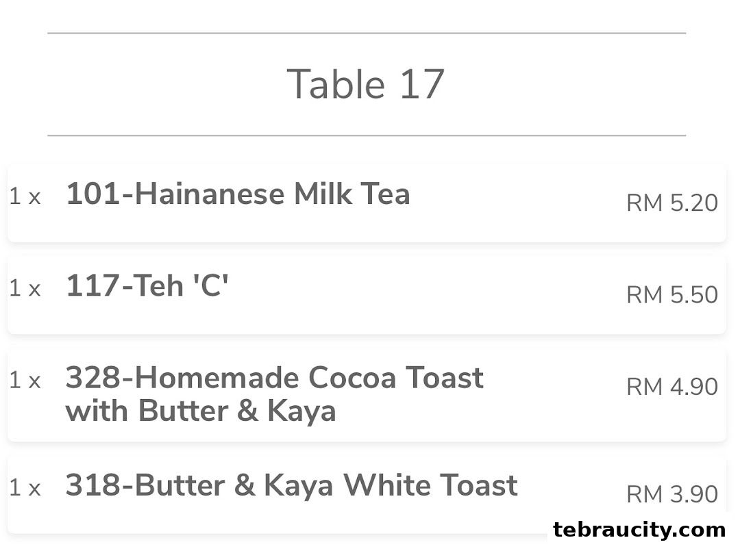 A menu showing various tea and toast items with prices.