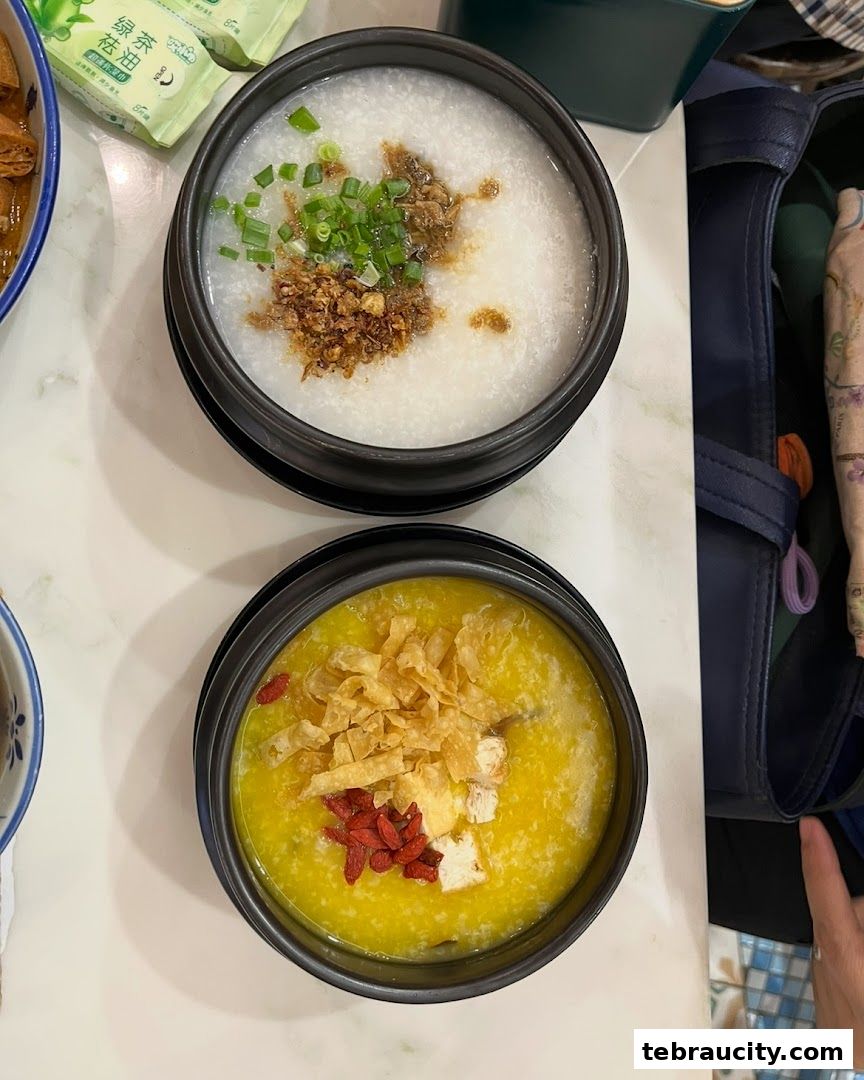 Two bowls of congee, one plain with scallions and fried shallots, the other with chicken and goji berries.