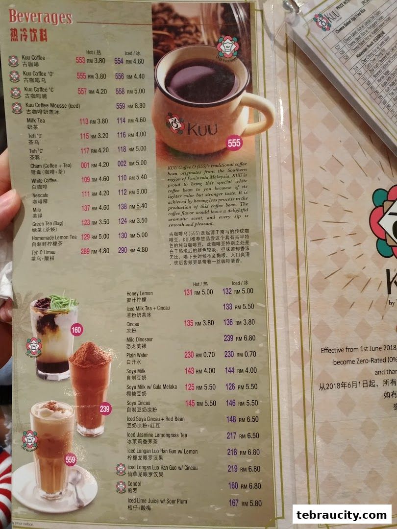 A menu from Kuu By Tea Garden Aeon Tebrau City featuring various beverages with prices.
