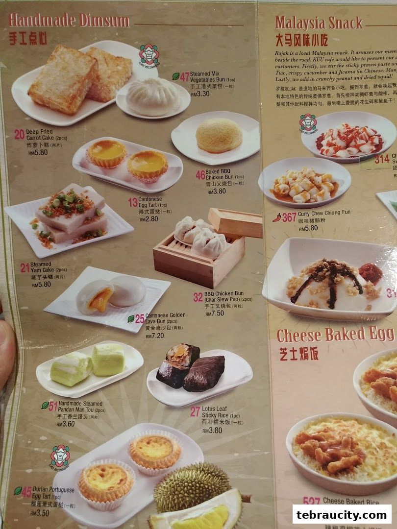 A menu page showcasing various dim sum and Malaysian snacks with prices.