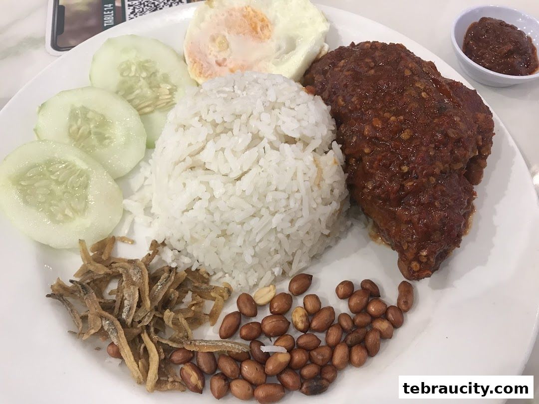 A plate of Nasi Lemak with fried chicken, rice, egg, cucumber, peanuts, and anchovies.