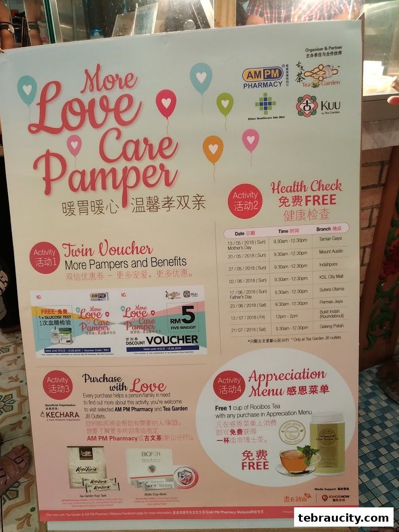 Promotional poster for 'More Love Care Pamper' event featuring vouchers and health check information.