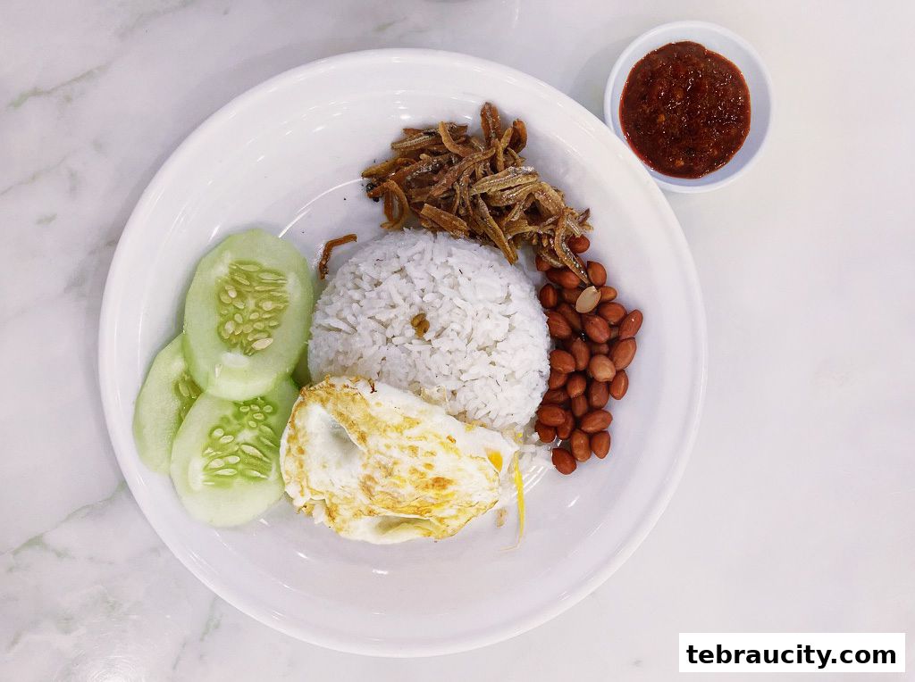 A plate of Nasi Lemak with fried egg, anchovies, peanuts, cucumber slices, and sambal.