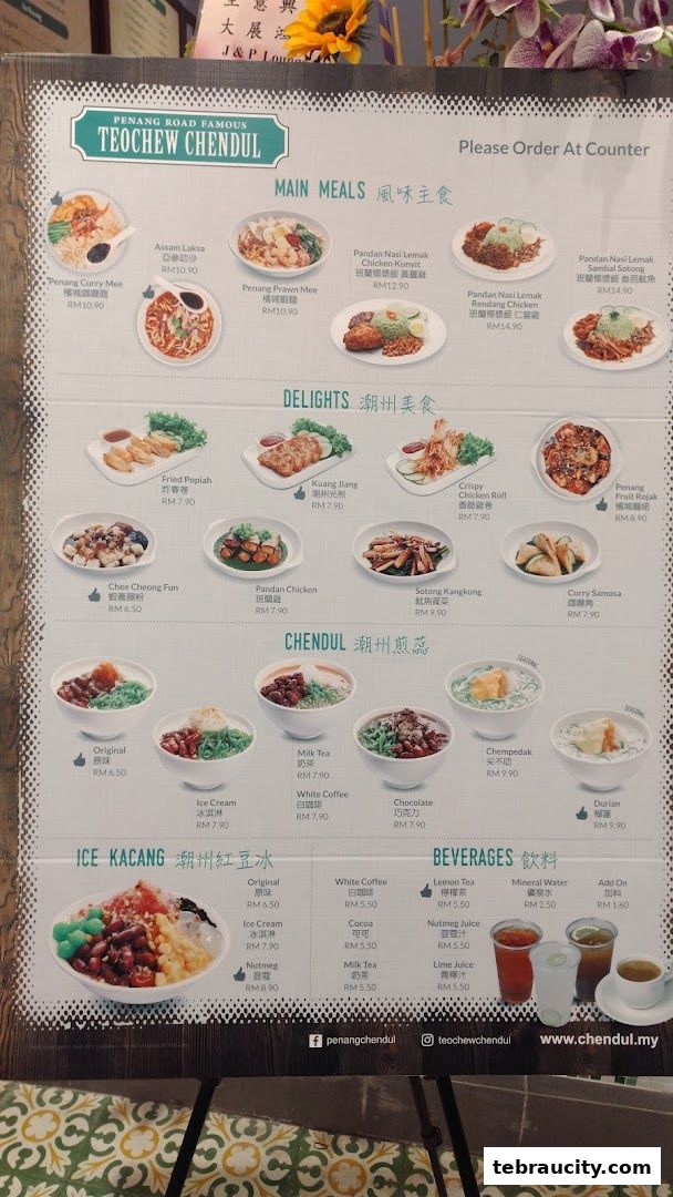 A menu for Penang Road Famous Teochew Chendul featuring main meals, delights, chendul, ice kacang, and beverages.