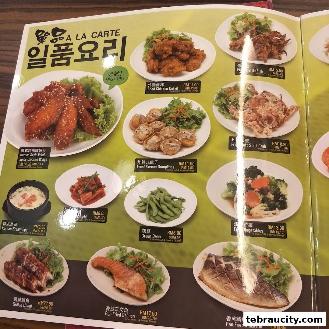 A menu showcasing various Korean dishes with appetizing photos and prices.