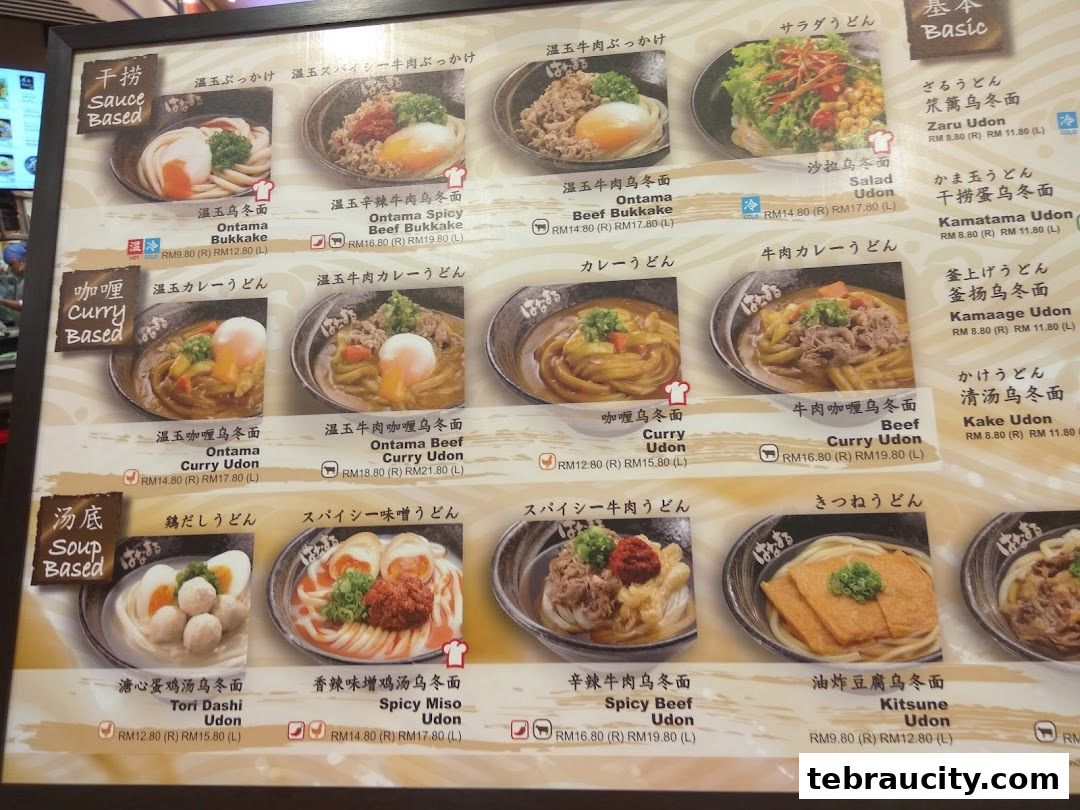 A menu board displaying various types of Udon noodles with images and prices.