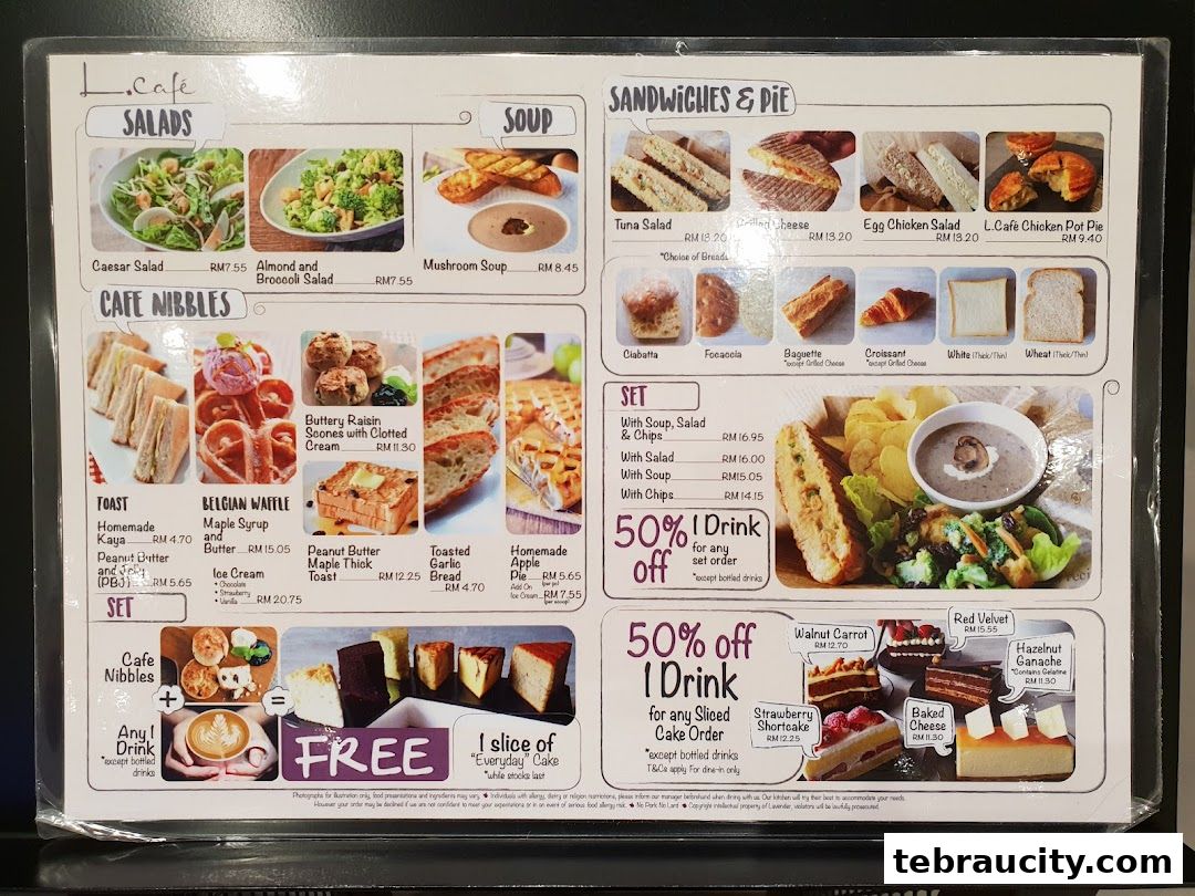 A menu from Lavender Bakery featuring salads, sandwiches, pies, soups, cafe nibbles, and desserts.