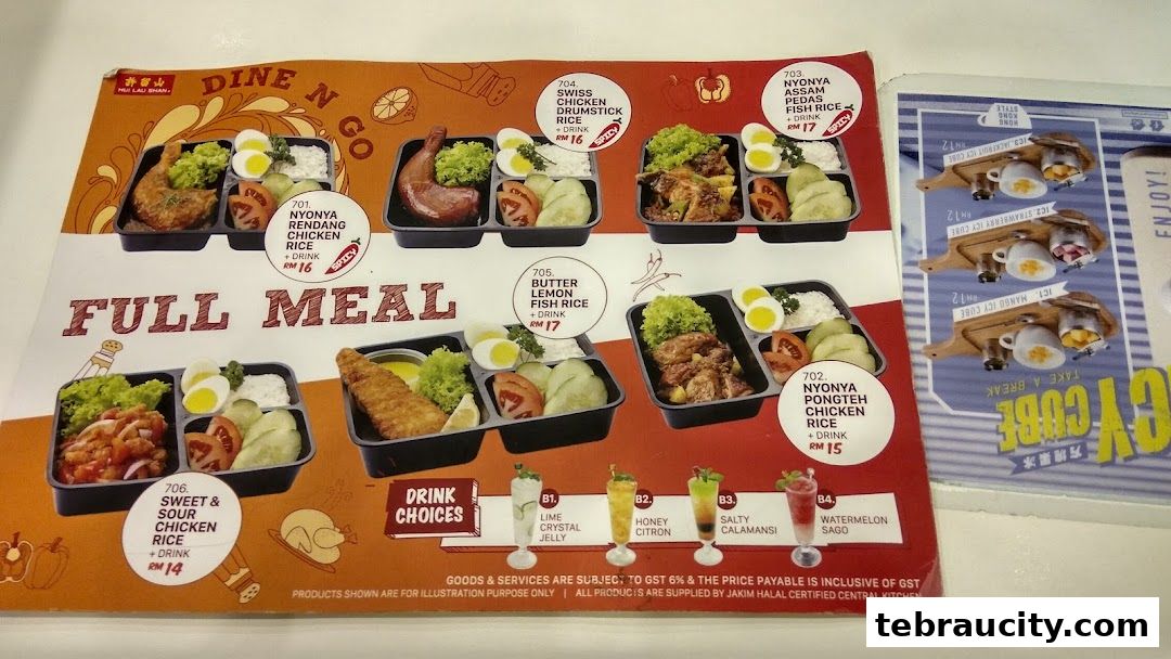 A menu featuring full meals with various rice dishes and drink choices.