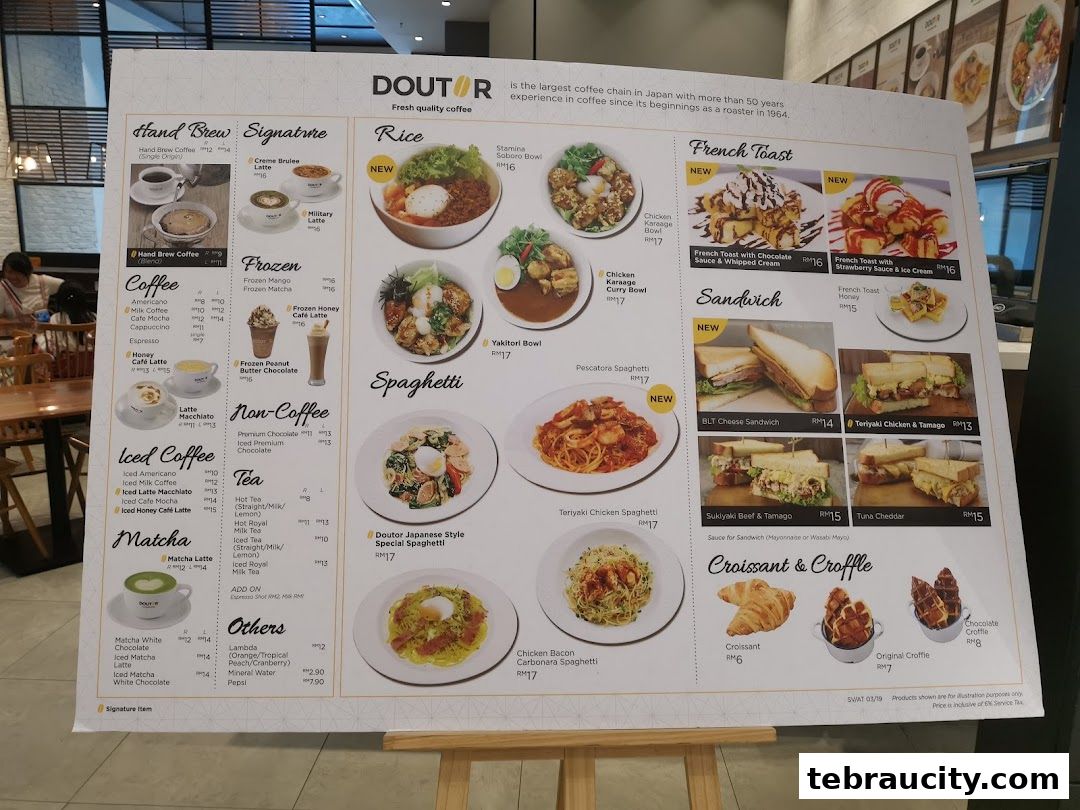 A menu board displaying various coffee, rice, spaghetti, sandwich, and dessert options with prices.