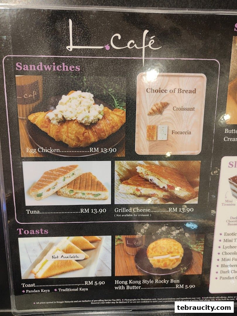 A menu from L.Café featuring sandwiches, toasts, and buns with prices and images.
