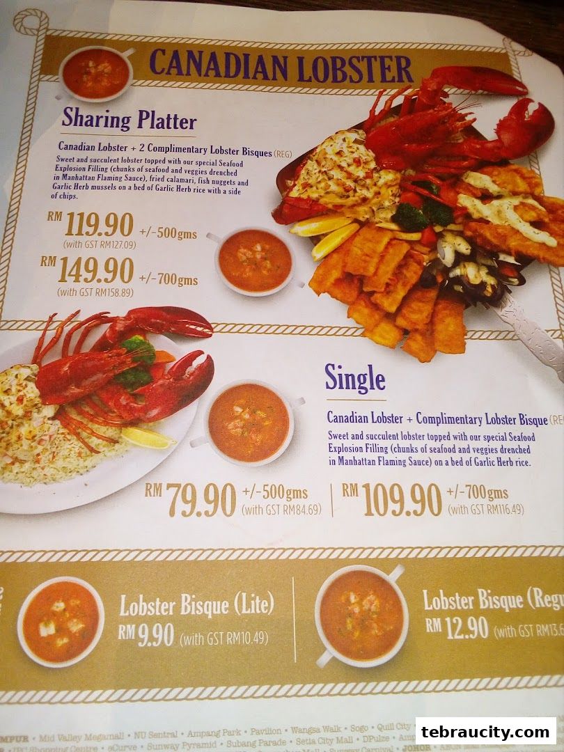 A menu featuring Canadian Lobster dishes, including sharing platters and single servings, with lobster bisque options.