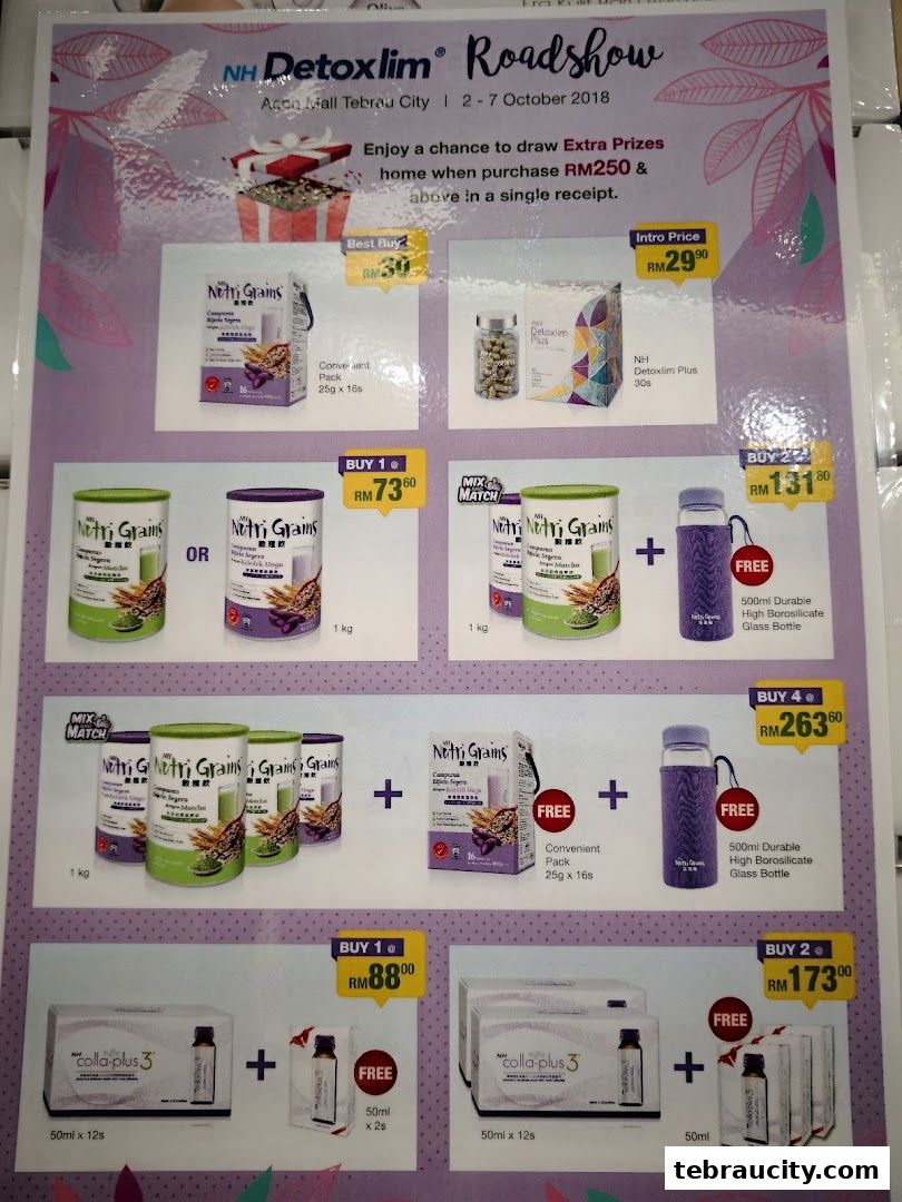A promotional flyer for NH Detoxlim and Nutri Grains products with various offers.